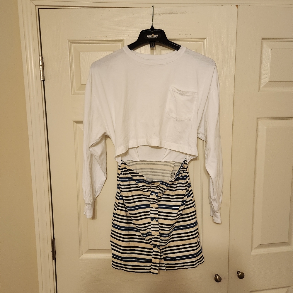 Zara Womens Sheath Dress Blue White Stripe Stretch Pocket Cut Out Buttons